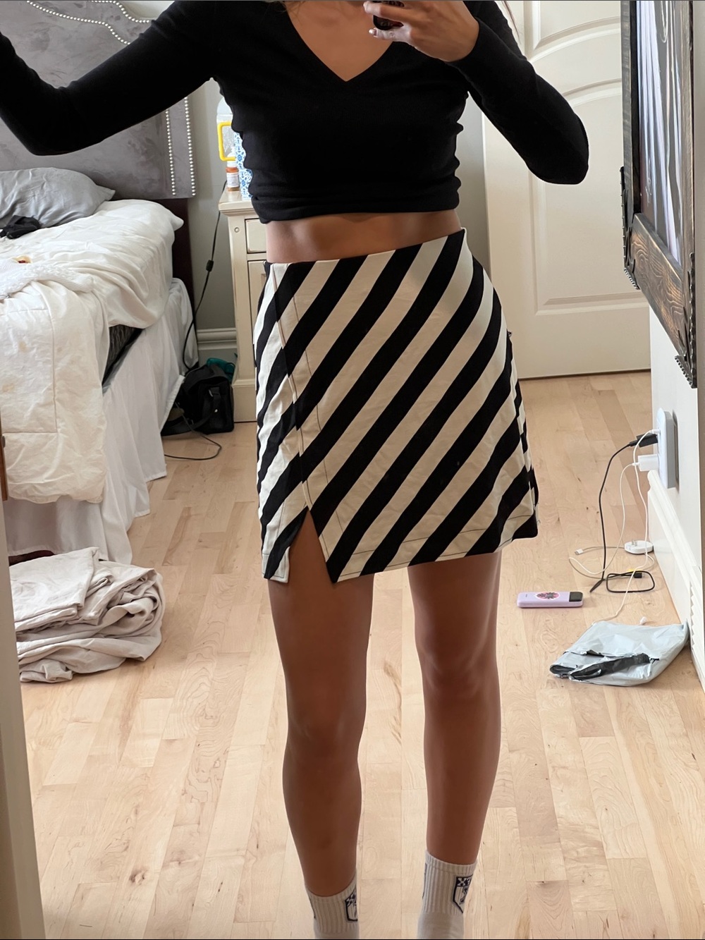H&M Black & Cream Diagonal Stripe Mini Skirt